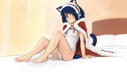 Rule 34 | 1girl, animal ears, barefoot, bed, cat ears, cat tail, cyan (show by rock!!), feet, green eyes, highres, indoors, light smile, looking at viewer, on bed, one-piece swimsuit, paintrfiend, santa costume, show by rock!!, sitting, solo, swimsuit, tail, toes, white one-piece swimsuit