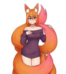 Rule 34 | 1girl, absurdres, animal ear fluff, animal ears, artist name, bare shoulders, blue eyes, breasts, closed mouth, collarbone, commentary, commission, fox ears, fox girl, fox tail, hair between eyes, hand on breast, hands up, highres, kitsune, large tail, long hair, long sleeves, looking at viewer, medium breasts, multiple tails, no pants, off-shoulder sweater, off shoulder, orange hair, original, purple eyes, purple sweater, rob ishi, simple background, sleeves past wrists, smile, solo, sweater, tail, white background