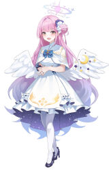 Rule 34 | 1girl, angel wings, black footwear, blue archive, blush, capelet, crescent, crescent pin, dress, feathered wings, flower, frilled dress, frills, hair bun, hair flower, hair ornament, halo, high heels, highres, long hair, looking at viewer, mika (blue archive), open mouth, pantyhose, pink hair, pink halo, purple flower, simple background, single side bun, smile, solo, white background, white capelet, white dress, white pantyhose, white wings, wings, yellow eyes, zuu 1730