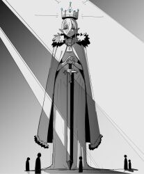 Rule 34 | 1girl, 5others, absurdres, cape, commentary, crown, dress, fur-trimmed cape, fur trim, giant, giantess, greyscale, hair between eyes, highres, light rays, long dress, machuuu68, monochrome, multiple others, original, pointy ears, queen, spot color, sword, weapon