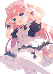Rule 34 | 1girl, :d, absurdres, animal ears, apron, black dress, blue eyes, blush, bow, cat ears, cat girl, cat tail, chitosezaka suzu, commentary request, commission, dress, frilled apron, frilled thighhighs, frills, hair bow, hair ornament, hairclip, hands up, highres, long hair, maid, maid apron, maid headdress, open mouth, original, pink hair, polka dot, polka dot bow, puffy short sleeves, puffy sleeves, short sleeves, simple background, skeb commission, smile, solo, standing, standing on one leg, tail, thighhighs, two side up, very long hair, white apron, white background, white thighhighs, wrist cuffs