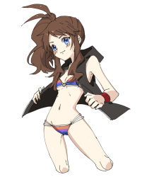 Rule 34 | 1girl, ankea (a-ramo-do), bare shoulders, bikini, black vest, blue eyes, blush, breasts, brown hair, creatures (company), cropped legs, female focus, game freak, groin, highres, hilda (pokemon), legs apart, looking at viewer, multicolored bikini, multicolored clothes, navel, nintendo, pokemon, pokemon bw, ponytail, shiny skin, simple background, small breasts, smile, solo, standing, swimsuit, vest, white background, wristband