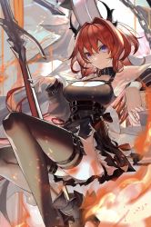 Rule 34 | 1girl, arknights, armband, bare shoulders, belt, black belt, black dress, black footwear, bow, breasts, chain, chest strap, cleavage, closed mouth, collarbone, commentary, demon girl, demon horns, detached collar, dress, hair between eyes, hair intakes, highres, horns, karasuro, large breasts, long hair, off shoulder, purple eyes, red hair, revision, solo, surtr (arknights), thigh strap, thighhighs, thighs, very long hair, weapon