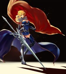 Rule 34 | 1girl, absurdres, ahoge, armor, artist request, artoria pendragon (fate), artoria pendragon (lancer) (fate), black background, blonde hair, blue thighhighs, braid, breasts, cape, cleavage, crown, fate/grand order, fate (series), flag, french braid, full body, fur trim, gauntlets, greaves, green eyes, highres, holding, holding weapon, lance, large breasts, pauldrons, polearm, shoulder armor, simple background, skirt, solo, thighhighs, weapon