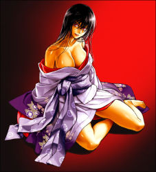 Rule 34 | 1girl, aoi subaru, bare shoulders, black hair, breasts, cleavage, japanese clothes, kimono, large breasts, long hair, red eyes, sitting, solo