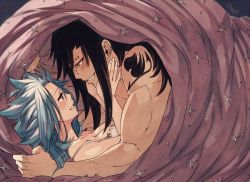 Rule 34 | 1boy, 1girl, bad id, bad twitter id, black hair, blue hair, blush, breasts, brown eyes, cleavage, couple, ear piercing, eye contact, fairy tail, gajeel redfox, grin, levy mcgarden, long hair, looking at another, medium breasts, nose piercing, piercing, rusky, shirt, signature, sleeveless, sleeveless shirt, smile, tattoo, under covers, upper body, white shirt