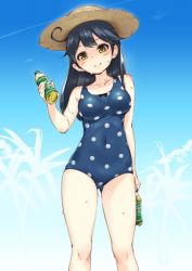 Rule 34 | 10s, 1girl, ahoge, bare shoulders, bikini, black hair, blush, bottle, bow, bow bikini, breasts, brown eyes, contrail, covered navel, gradient background, hat, holding, kantai collection, long hair, looking at viewer, neo-masterpeacer, one-piece swimsuit, polka dot, polka dot swimsuit, smile, solo, spots, straw hat, swimsuit, ushio (kancolle), wet