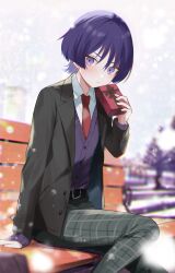 1boy belt black_belt black_jacket blue_hair blue_vest blush box closed_mouth collared_shirt dark_blue_hair genshin_impact gift gift_box highres jacket long_sleeves looking_at_viewer male_focus necktie pants plaid_clothes plaid_pants purple_eyes red_necktie rrr_gns_(riuriu_1212) scaramouche_(genshin_impact) shirt solo valentine vest white_shirt