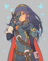 Rule 34 | 1girl, armor, blue eyes, blue hair, bug, butterfly, cape, fingerless gloves, fire emblem, fire emblem awakening, fire emblem heroes, gloves, highres, bug, jivke, long hair, looking at viewer, lucina (fire emblem), marth (fire emblem awakening), mask, nintendo, open mouth, simple background, smile, solo, tiara