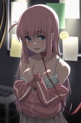 Rule 34 | 1girl, bdsm, black mutou, blue eyes, blush, bocchi the rock!, bra, breasts, collar, crying, crying with eyes open, drooling, gotoh hitori, jacket, leash, long sleeves, medium breasts, open mouth, pink hair, pink jacket, saliva, skirt, slave, solo, standing, tears, track jacket, underwear, undressing, zipper