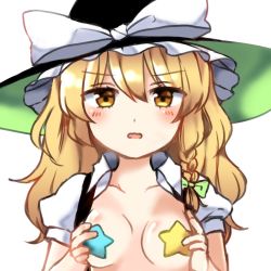 Rule 34 | 1girl, bad id, bad twitter id, blonde hair, blush, bow, breasts, breasts out, collared shirt, commentary, d:, flashing, hat, hat bow, kirisame marisa, long hair, looking at viewer, open clothes, open mouth, open shirt, pasties, shirt, small breasts, solo, touhou, vest, wavy hair, wavy mouth, witch hat, yellow eyes, yururi nano
