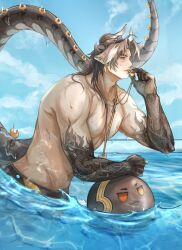 Rule 34 | abs, absurdres, arknights, ball, bara, beachball, blue sky, chong yue (arknights), cloud, dragon boy, dragon bubble (arknights), dragon horns, dragon tail, highres, holding, holding whistle, horns, looking to the side, pectorals, red eyes, sky, tail, topless male, wading, water, whistle, whistle around neck, zzhin3