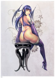 Rule 34 | 1girl, :o, absurdres, ass, back, bar stool, bare shoulders, bat wings, blue hair, boots, breasts, butt crack, chair, demon girl, detached sleeves, artistic error, fantasy, from behind, full body, head wings, high heel boots, high heels, highleg, highleg panties, highres, homare (fool&#039;s art), large breasts, legs, long hair, long legs, looking at viewer, looking back, original, panties, parted lips, pointy ears, purple eyes, purple footwear, purple lips, scan, shoes, shoulder blades, sideboob, sitting, solo, stool, teeth, thigh boots, thighhighs, thighs, thong, twisted neck, underwear, wings