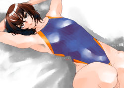 Rule 34 | 1girl, alternate hairstyle, arms behind head, artist request, bare legs, bare shoulders, blue one-piece swimsuit, blush, breasts, brown eyes, brown hair, cameltoe, character name, competition swimsuit, curvy, expressionless, highleg, highleg swimsuit, lips, looking at viewer, lying, mizuki yukikaze, mizuki yukikaze (future), one-piece swimsuit, shiny clothes, shiny skin, short hair, simple background, small breasts, solo, swimsuit, taimanin (series), taimanin rpgx, taimanin yukikaze, wide hips