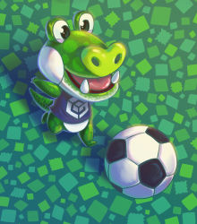 Rule 34 | 1boy, animal crossing, ball, blue shirt, boots (animal crossing), green background, highres, looking at object, male focus, nintendo, open mouth, running, shirt, smile, soccer ball