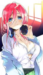 Rule 34 | 1girl, :3, arm at side, blue eyes, blush, bra, breasts, buttons, closed mouth, collarbone, commentary request, go-toubun no hanayome, green skirt, hair between eyes, headphones, headphones around neck, large breasts, long hair, long sleeves, looking at viewer, nakano miku, open clothes, open shirt, shimeji (4 me ji), shirt, skirt, smile, solo, unbuttoned, underwear, upper body, wavy mouth, white bra, white shirt