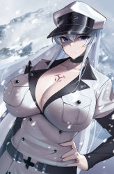 Rule 34 | 1girl, absurdres, akame ga kill!, blue eyes, blue hair, breasts, choker, cleavage, esdeath, frown, hand on own hip, hat, highres, huge breasts, looking at viewer, popped collar, solo, standing, tattoo
