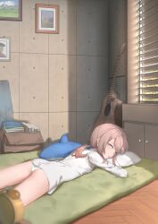 Rule 34 | 1girl, absurdres, alarm clock, ass, book, box, cardboard box, clock, collared shirt, commentary, drawing (object), girls&#039; frontline, grey hair, guitar, highres, indoors, instrument, long hair, long sleeves, looking at viewer, lying, m200 (girls&#039; frontline), no pants, on stomach, one eye closed, panties, pillow, ponytail, purple eyes, shirt, solo, stuffed animal, stuffed shark, stuffed toy, tr07, underwear, waking up, white panties, white shirt, window blinds