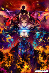 Rule 34 | 1girl, architecture, armor, blonde hair, blue eyes, blue fire, breasts, burning, cape, cleavage, cleavage cutout, clothing cutout, copyright name, east asian architecture, fire, gauntlets, gender request, genderswap, glint, headdress, highres, horns, katana, large breasts, long hair, looking at viewer, moon, oda nobunaga, official art, pagoda, red moon, sengoku yaraideka, sheath, solo focus, square enix, standing, suke akurou, sword, tsurime, unsheathing, weapon, wings