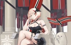 Rule 34 | 1girl, absurdres, artist name, azur lane, bare legs, bare shoulders, bird, black dress, black nails, blonde hair, breasts, brown eyes, chick, chiyu1182, cleavage, cocktail glass, column, commentary, cross, crossed legs, cup, dated, dress, drinking glass, flag, hair between eyes, hair ornament, highres, imperial war flag, indoors, iron blood (emblem), iron cross, large breasts, looking at viewer, manjuu (azur lane), multicolored hair, nail polish, official alternate costume, pillar, red hair, roon (azur lane), roon (dark red grin) (azur lane), short hair, sitting, sleeveless, sleeveless dress, smile, streaked hair, throne, waving flag, window