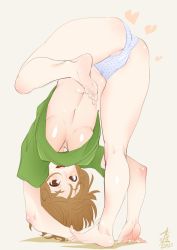 Rule 34 | 1girl, ass, barefoot, bent over, black eyes, breasts, brown hair, feet, female focus, green shirt, grey background, kunami himehiko, large breasts, looking at viewer, no bra, open mouth, original, panties, partially visible vulva, shiny skin, shirt, simple background, soles, solo, standing, standing on one leg, toes, underboob, underwear, upshirt