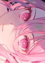 Rule 34 | 1girl, 58 (opal 00 58), absurdres, black background, blush, closed mouth, commentary, english commentary, eyelashes, hair between eyes, heart, heart-shaped pupils, highres, long hair, looking at viewer, original, pink eyes, pink hair, pink theme, short hair, sideways, simple background, solo, symbol-shaped pupils, upper body