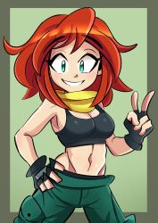 Rule 34 | 1girl, abs, absurdres, bandana, black gloves, black shirt, borrowed character, breasts, commentary, cowboy shot, crop top, fingerless gloves, gloves, green background, green eyes, green pants, hand on own hip, highres, looking at viewer, medium breasts, navel, original, pants, peargor, red hair, shirt, short hair, simple background, sleeveless, sleeveless shirt, smile, solo, stomach, v, yellow bandana, yellow neckwear