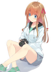 Rule 34 | 1girl, absurdres, ahoge, blue eyes, blush, bow, breasts, brown hair, camera, collarbone, commentary request, crossed legs, hair between eyes, hair bow, hair ribbon, highres, holding, holding camera, hood, hoodie, knees up, large breasts, long hair, long sleeves, looking at viewer, nakadadaichi, nikon (company), original, product placement, ribbon, shadow, shoes, shorts, sidelocks, simple background, sitting, smile, sneakers, solo, white background, zipper