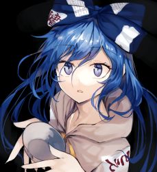 Rule 34 | 1girl, bad id, bad pixiv id, black background, blue bow, blue eyes, blue hair, bow, commentary request, cup, debt, grey hoodie, hair bow, holding, holding cup, hood, hoodie, long hair, looking at viewer, parted lips, simple background, solo, suminagashi, touhou, upper body, yorigami shion