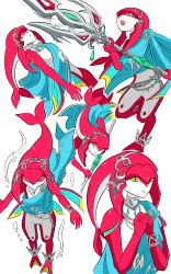 Rule 34 | 1girl, blue cape, bracelet, cape, fins, fish girl, full body, furry, furry female, head fins, highres, holding trident, jewelry, looking to the side, mipha, multiple views, nintendo, open mouth, own hands together, simple background, the legend of zelda, the legend of zelda: breath of the wild, upper body, white background, yellow eyes, yellowdogcontract