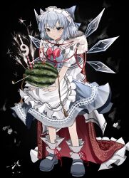 Rule 34 | 1girl, absurdres, alternate costume, apron, black background, blue bow, blue dress, blue eyes, blue footwear, blue hair, blush, bow, cirno, cirno day, closed mouth, collared shirt, detached wings, dress, enmaided, fairy, food, frilled apron, frills, fruit, full body, hair bow, highres, ice, ice wings, juliet sleeves, long sleeves, maid, maid headdress, ougiikun, puffy sleeves, shirt, shoes, short hair, simple background, socks, solo, touhou, watermelon, white apron, white shirt, white socks, wings