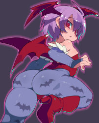 Rule 34 | 1girl, animal print, ass, bat print, bat wings, boots, bridal gauntlets, commission, demon girl, flat chest, head wings, highres, leotard, lilith aensland, pantyhose, pixiv commission, print pantyhose, purple hair, red eyes, red leotard, shiny clothes, shiny skin, short hair, solo, vampire (game), wings, zankuro
