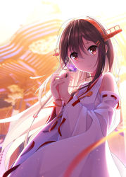 Rule 34 | 1girl, bare shoulders, black hair, brown eyes, commentary request, detached sleeves, flower, hair between eyes, hair ornament, hairclip, haruna (kancolle), headgear, highres, holding, holding flower, japanese clothes, kantai collection, kuro-kun (nablack), long hair, looking at viewer, nontraditional miko, smile, solo, wide sleeves