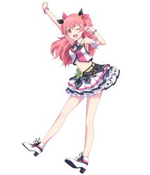 Rule 34 | 1girl, :d, bare shoulders, belt, crop top, crossed bangs, fang, frilled skirt, frills, full body, highres, looking at viewer, midriff, momoi airi, navel, non-web source, official art, one eye closed, open mouth, pink eyes, pink hair, project sekai, skirt, sleeveless, smile, solo, tachi-e, transparent background, two side up, v over eye, white footwear, wrist cuffs