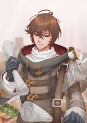 Rule 34 | 1boy, absurdres, ahoge, belt, bird, bishounen, bottle, box, brown hair, commentary, commentary request, gloves, granblue fantasy, highbaby, highres, holding, holding scroll, jar, layered sleeves, light smile, long sleeves, looking at viewer, male focus, messy hair, official alternate costume, red eyes, sandalphon (granblue fantasy), scroll, short hair, solo focus, sparrow, sweater, turtleneck, turtleneck sweater, white sweater