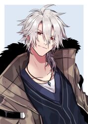 Rule 34 | 1boy, blue background, blue shirt, border, brown coat, closed mouth, coat, collarbone, commentary request, crow armbrust, eiyuu densetsu, fur-trimmed coat, fur trim, grey hair, hair between eyes, highres, jewelry, jimen ko, looking at viewer, male focus, necklace, outside border, red eyes, sen no kiseki, sen no kiseki iv, shirt, short hair, simple background, solo, upper body, white border, white shirt