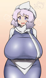 Rule 34 | 1girl, absurdres, apron, breasts, commentary, english commentary, gradient background, highres, huge breasts, kurodani yamame, letty whiterock, looking at viewer, open mouth, orange background, purple eyes, purple hair, rinyamame, short hair, solo, touhou, white apron, white headwear
