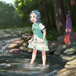 Rule 34 | 1girl, alternate costume, alternate hairstyle, barefoot, blue eyes, blue hair, bow, closed umbrella, clothes lift, dress, dress lift, full body, hair ornament, hairclip, heterochromia, karakasa obake, kitano (kitanosnowwhite), looking away, low twintails, matching hair/eyes, nature, open mouth, partially submerged, puffy sleeves, red eyes, short hair, short sleeves, skirt hold, smile, solo, tatara kogasa, touhou, tree, twintails, umbrella, vest, wading, water