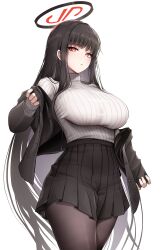 Rule 34 | 1girl, absurdres, black hair, black jacket, black pantyhose, black skirt, blazer, blue archive, blush, breasts, doyoon 7, halo, high-waist skirt, highres, jacket, large breasts, long hair, looking at viewer, pantyhose, pleated skirt, red eyes, ribbed sweater, rio (blue archive), simple background, skirt, solo, straight hair, sweater, taut sweater, very long hair, white background, white sweater