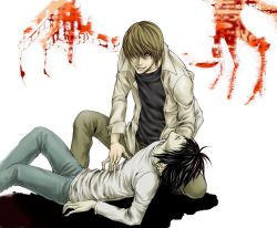 Rule 34 | 00s, black hair, blood, brown hair, death, death note, l (death note), lying, smile, yagami light