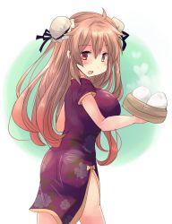 Rule 34 | :d, alternate costume, baozi, breasts, brown eyes, china dress, chinese clothes, cowboy shot, dress, food, from side, gradient hair, heterochromia, highres, hirune (konekonelkk), holding, holding food, kantai collection, large breasts, light brown hair, long hair, looking at viewer, multicolored hair, murasame (kancolle), open mouth, red eyes, smile, solo, two side up