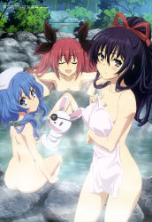 Rule 34 | 10s, 3girls, :d, absurdres, ass, bath, black hair, blue eyes, blue hair, breasts, cleavage, closed eyes, completely nude, date a live, hair bobbles, hair censor, hair ornament, hair ribbon, hand puppet, highres, itsuka kotori, large breasts, looking back, megami magazine, multiple girls, naked towel, no bra, no panties, nude, official art, onsen, open mouth, puppet, purple eyes, red hair, ribbon, small breasts, smile, tometome, topless, towel, yatogami tooka, yoshino (date a live), yoshinon
