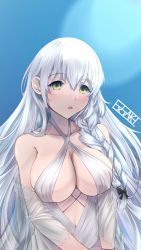 Rule 34 | 1girl, :o, azur lane, bare shoulders, blush, braid, breasts, cleavage, collarbone, criss-cross halter, ex saki, green eyes, hair over shoulder, halterneck, hermione (azur lane), hermione (pure white holiday) (azur lane), large breasts, looking at viewer, one-piece swimsuit, single braid, solo, swimsuit, upper body, white hair, white one-piece swimsuit