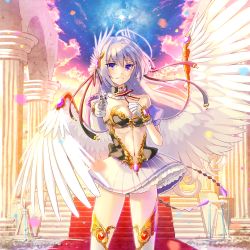 Rule 34 | 1girl, ahoge, aiming, aiming at viewer, album cover, angel wings, arch, architecture, bare shoulders, breasts, center opening, choker, cleavage, cloud, column, cover, detached sleeves, feathered wings, fountain, frown, gem, glint, gun, haboshi hitomi, hair ornament, hair ribbon, hand on own chest, handgun, highres, holding, holding gun, holding weapon, jewelry, long hair, miniskirt, navel, official art, original, outdoors, petals, petticoat, pillar, pleated skirt, puffy short sleeves, puffy sleeves, purple eyes, red carpet, revolver, ribbon, short sleeves, silver hair, skirt, sky, solo, stairs, star (sky), strapless, sunset, tearing up, tears, thighhighs, very long hair, weapon, white wings, wind, wings