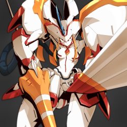 Rule 34 | 10s, absurdres, closed mouth, commentary, darling in the franxx, frown, grey background, highres, holding, holding weapon, horns, humanoid robot, lance, legs apart, looking at viewer, mecha, no humans, orange eyes, park bandi, polearm, robot, simple background, single horn, solo, strelizia, weapon