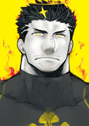 Rule 34 | 1boy, bad id, bad pixiv id, bara, bodysuit, covered collarbone, cross print, expressionless, facial hair, fire, flaming halo, glowing, glowing eyes, halo, looking at viewer, male focus, mature male, muscular, muscular male, po fu, serious, short hair, sideburns, skin tight, stubble, tokyo houkago summoners, upper body, yellow eyes, yellow theme, zabaniyya (housamo)