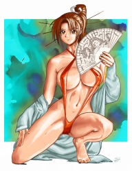 Rule 34 | 1girl, barefoot, bikini, breasts, brown eyes, brown hair, hand fan, fatal fury, fedogrim, feet, large breasts, long hair, ponytail, shiranui mai, slingshot swimsuit, smile, solo, swimsuit, toes