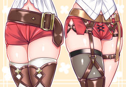 Rule 34 | 1girl, aged up, atelier (series), atelier ryza, atelier ryza 2, belt, brown belt, curvy, from below, garter belt, gloves, jacket, leather, leather belt, leather gloves, legs, lower body, navel, pouch, red shorts, reisalin stout, short shorts, shorts, single thighhigh, skindentation, thick thighs, thigh pouch, thigh strap, thighhighs, thighs, time paradox, yakisobapan tarou &amp; negitoro-ko, yellow jacket