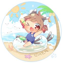 Rule 34 | &gt; o, 1girl, ;d, ahoge, animal ears, arms up, bare arms, bare legs, barefoot, beach, bird, blue sky, brown hair, cat ears, cat tail, character name, chen, chibi, cloud, coconut, coconut tree, coral, crab, day, earrings, fang, highres, ibaraki natou, inflatable toy, jewelry, multiple tails, no headwear, no headwear, ocean, one eye closed, open mouth, outdoors, palm tree, round image, school swimsuit, seagull, seashell, shell, short hair, single earring, sky, smile, solo, starfish, summer, sun, swimsuit, tail, touhou, tree, water gun
