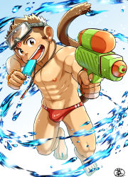 Rule 34 | 1boy, abs, bare pectorals, commentary request, diving mask, diving mask on head, ei (marutendon), food, goggles, goggles on head, highres, holding, looking at viewer, male focus, male swimwear, monkey boy, monkey tail, muscular, muscular child, muscular male, original, pectorals, popsicle, red male swimwear, red swim briefs, short hair, solo, spiked hair, swim briefs, swimsuit, tail, teeth, water, water gun